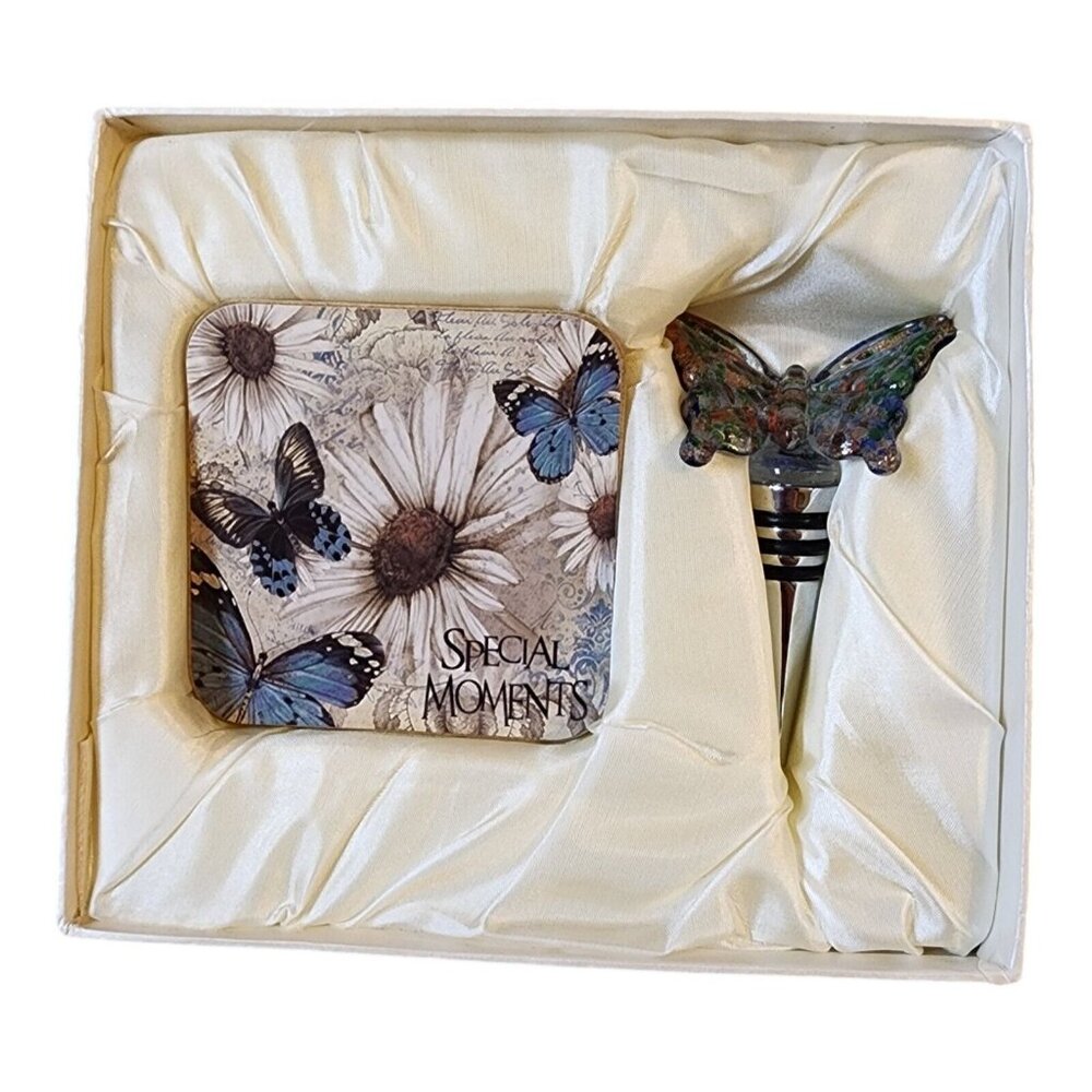 D'Lusso Design Gift Set Butterfly Wine Stopper & Coaster Glass Green Blue Yellow
